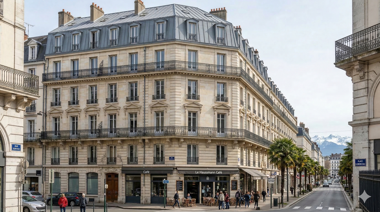 Immeuble haussmannien au centre de Pau — zinguerie d'art et chéneaux encaissés